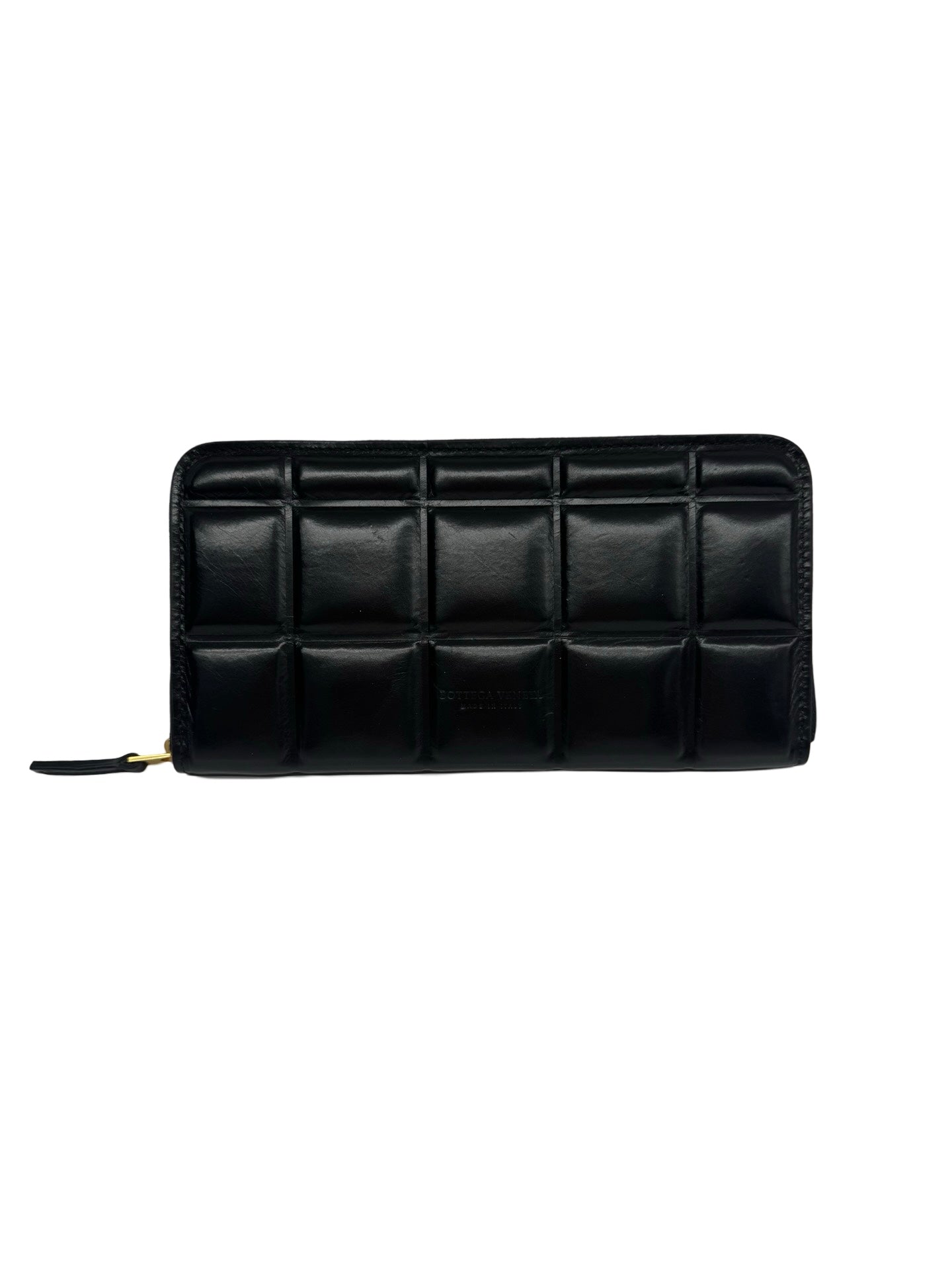 Bottega Veneta Black Zip Around Embossed Quilted Leather Wallet. Size: OS