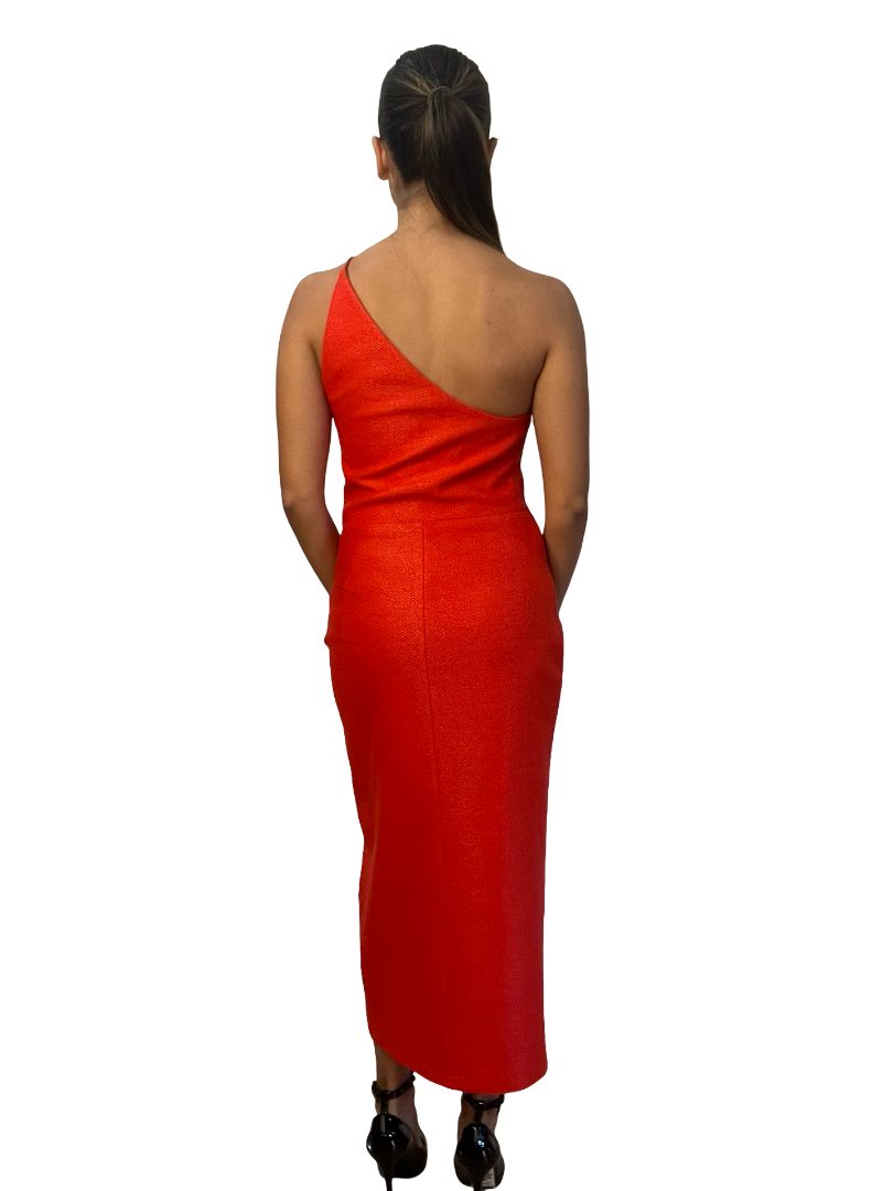 Manning Cartell Red Orange Asymmetric Shoulder Bodycon Dress. Size: 8