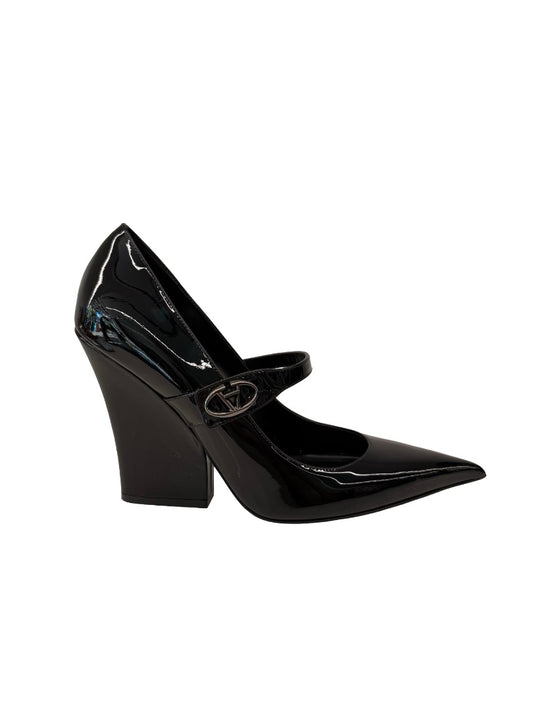 Valentino Garavani Black Vlogo Lockette Patent Leather Mary Jane Wedge Pumps. Size: 38