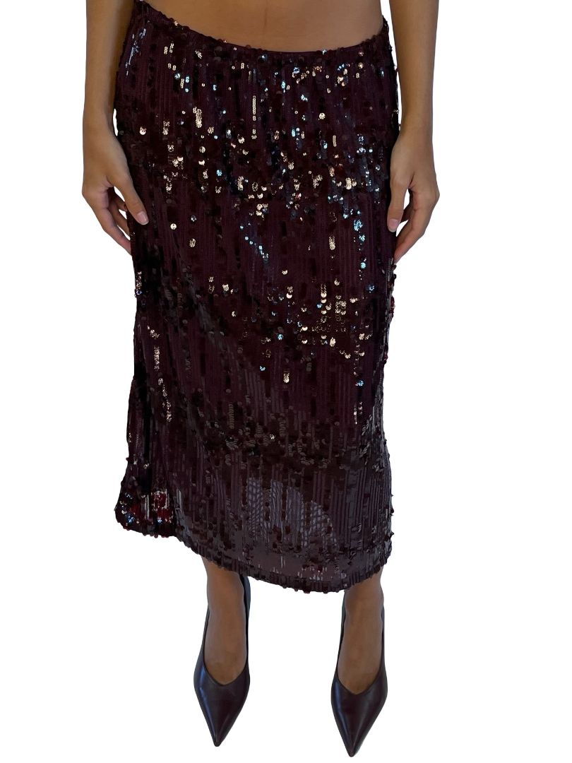 Baum Und Pferdgarten Dark Plum Sequin Mesh Skirt. Size: S