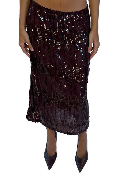 Baum Und Pferdgarten Dark Plum Sequin Mesh Skirt. Size: S