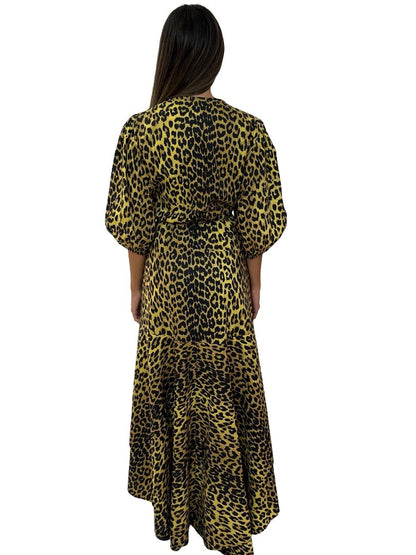 Ganni Yellow Leopard Cotton Maxi Wrap Dress. Size: 36