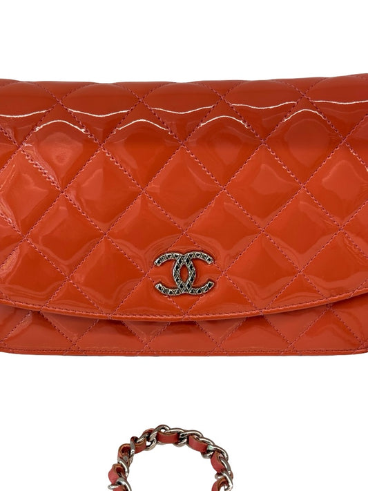 Chanel Salmon Patent CC Wallet On Chain Crossbody Bag.