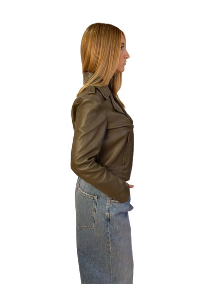 Scanlan Theodore Khaki Leather Biker Jacket. Size: 8