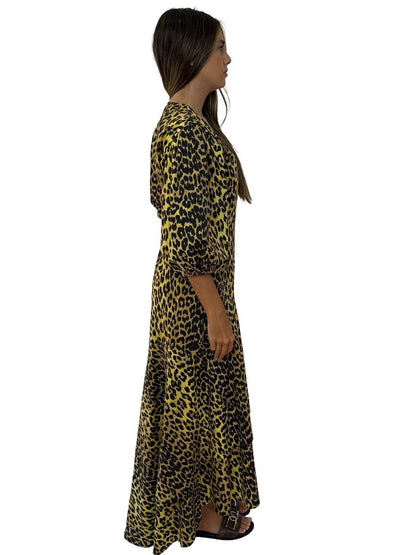 Ganni Yellow Leopard Cotton Maxi Wrap Dress. Size: 36
