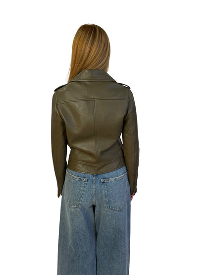 Scanlan Theodore Khaki Leather Biker Jacket. Size: 8