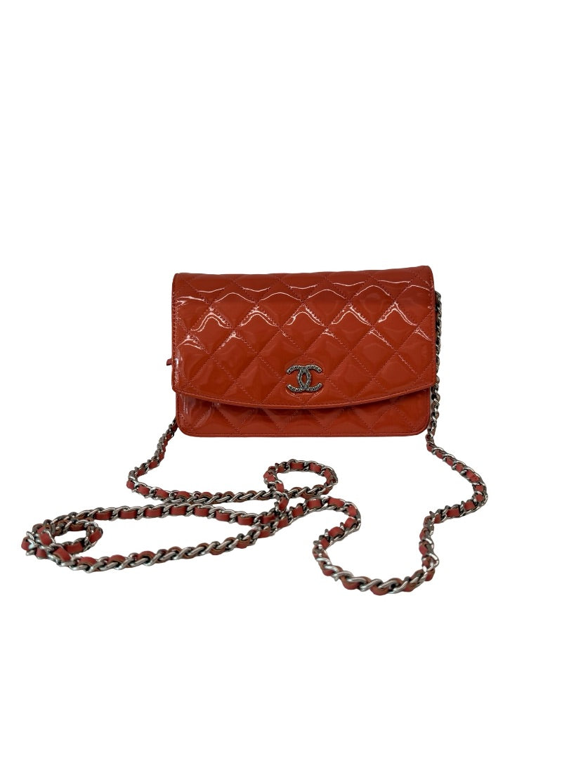 Chanel Salmon Patent CC Wallet On Chain Crossbody Bag.