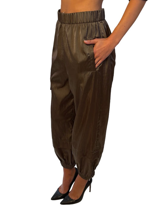 Tibi Khaki Shiny Cargo Pants. Size: S