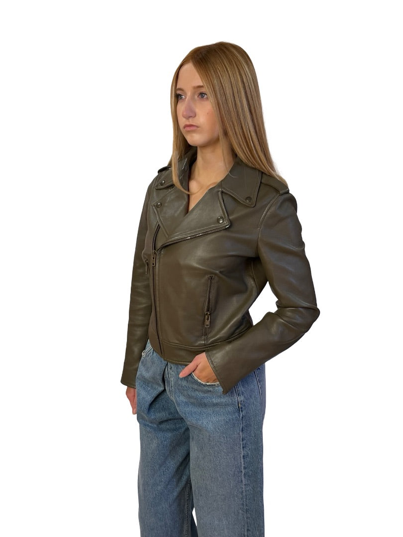 Scanlan Theodore Khaki Leather Biker Jacket. Size: 8
