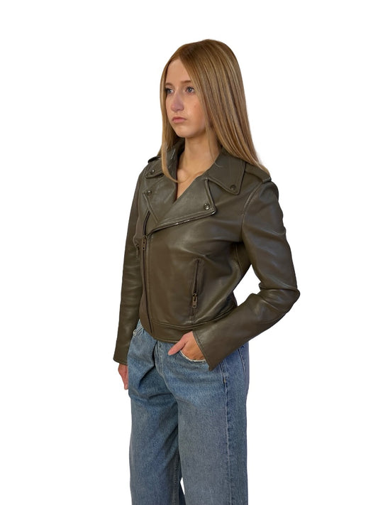 Scanlan Theodore Khaki Leather Biker Jacket. Size: 8