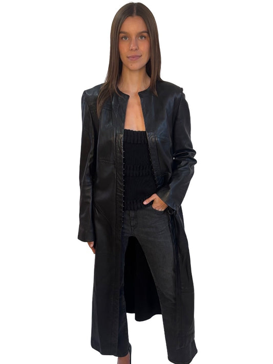 Scanlan Theodore Black Leather Coat w/ Stitching Detail. Size: 14