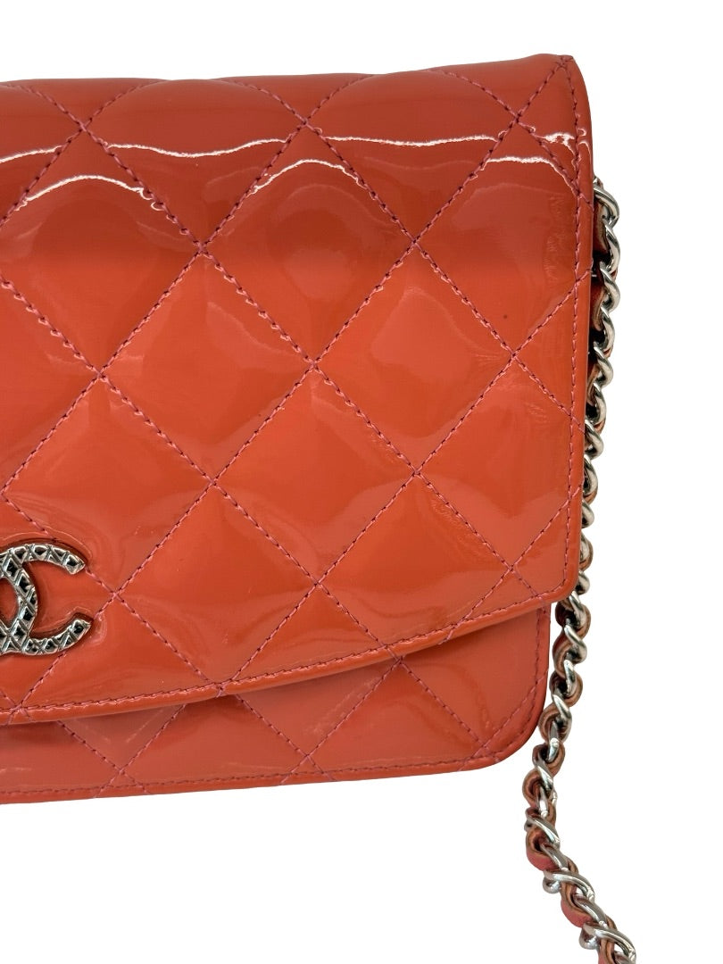 Chanel Salmon Patent CC Wallet On Chain Crossbody Bag.