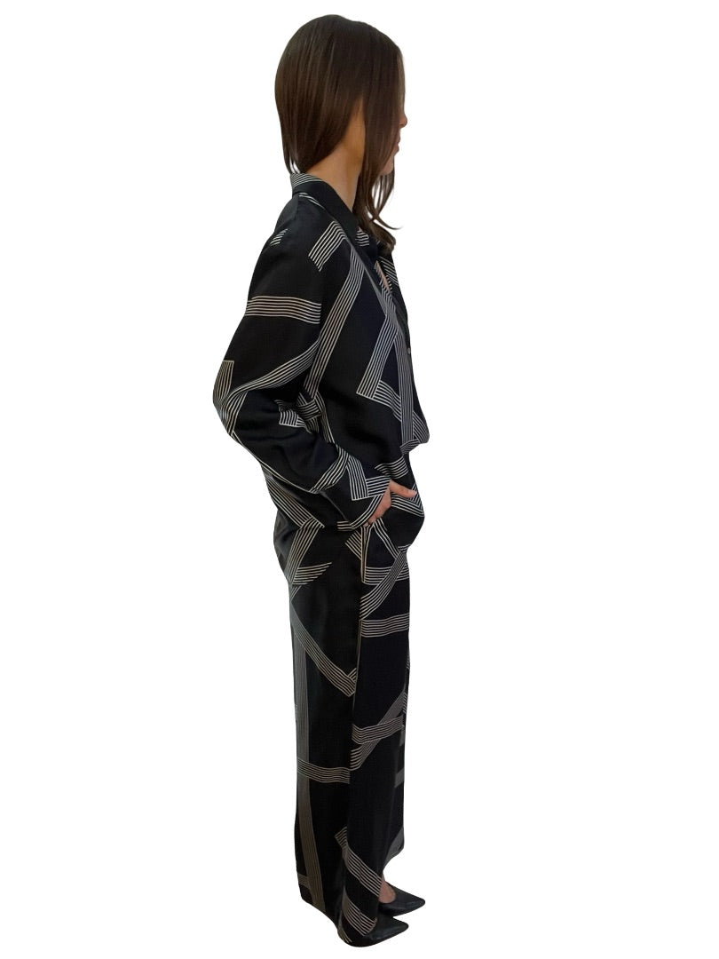 Banded Together Black Silk Shirt & Pant Set. Size: S / M