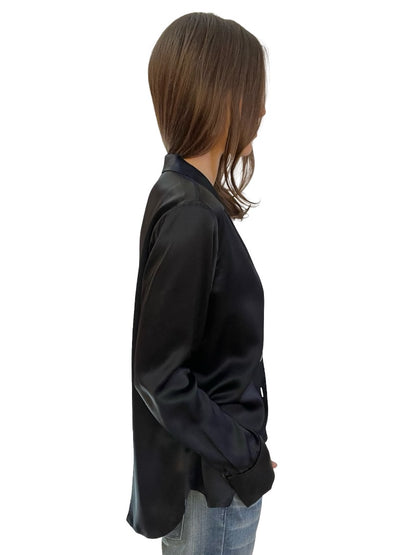 Banded Together Black Silk Satin Shirt w/ Mother of Pearl Tone Buttons. Size: 12