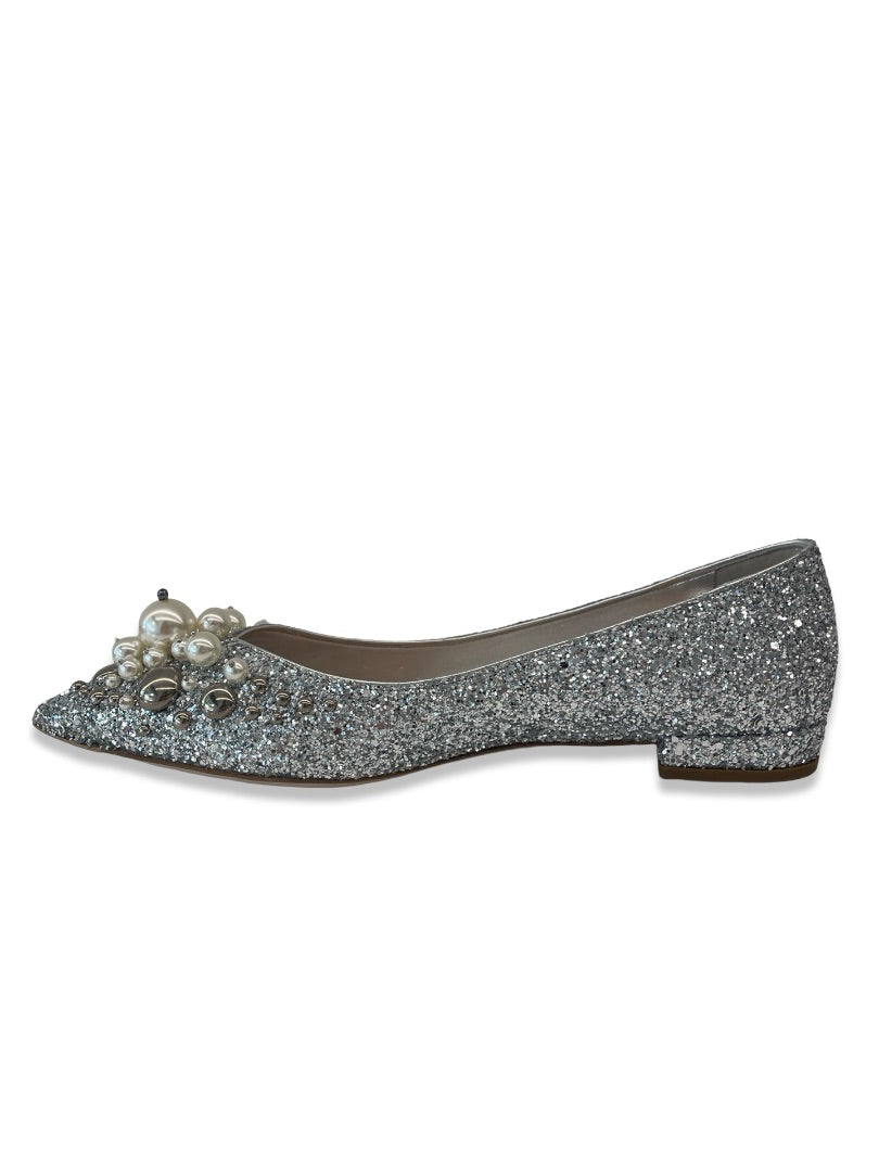 Miu Miu Silver Glitter Ballet Flats W Pearl Embellishment. Size: 38