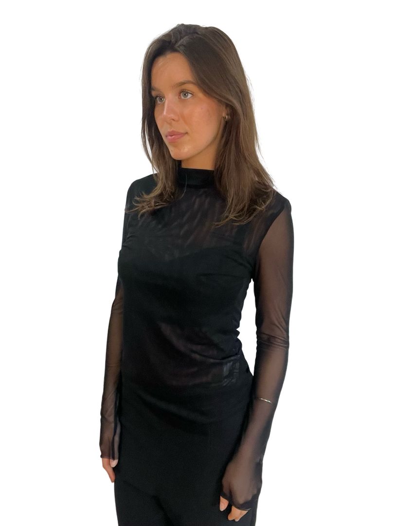 Stable Brand Black Long Sleeve Sheer Mock Neck Top. Size: S