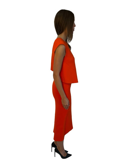 Scanlan Theodore Vermillion Orange Crepe Knit Top/Skirt Set. Size: S