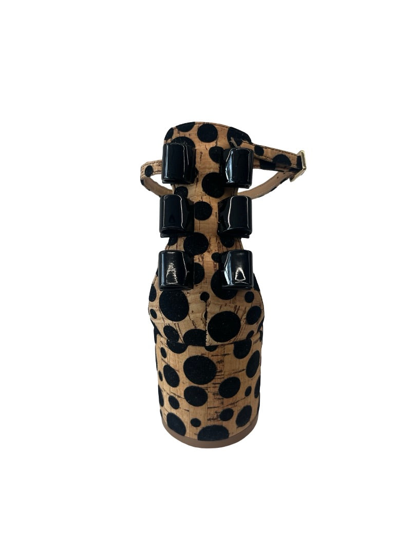 Salvatore Ferragamo Black / Tan Polka Dot Cork Connie Block Heel. Size: 8