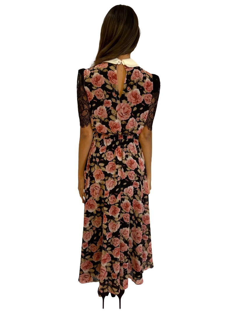 Nissa Black / Pink Rose Print Dress w/ Satin Collar. Size: 36