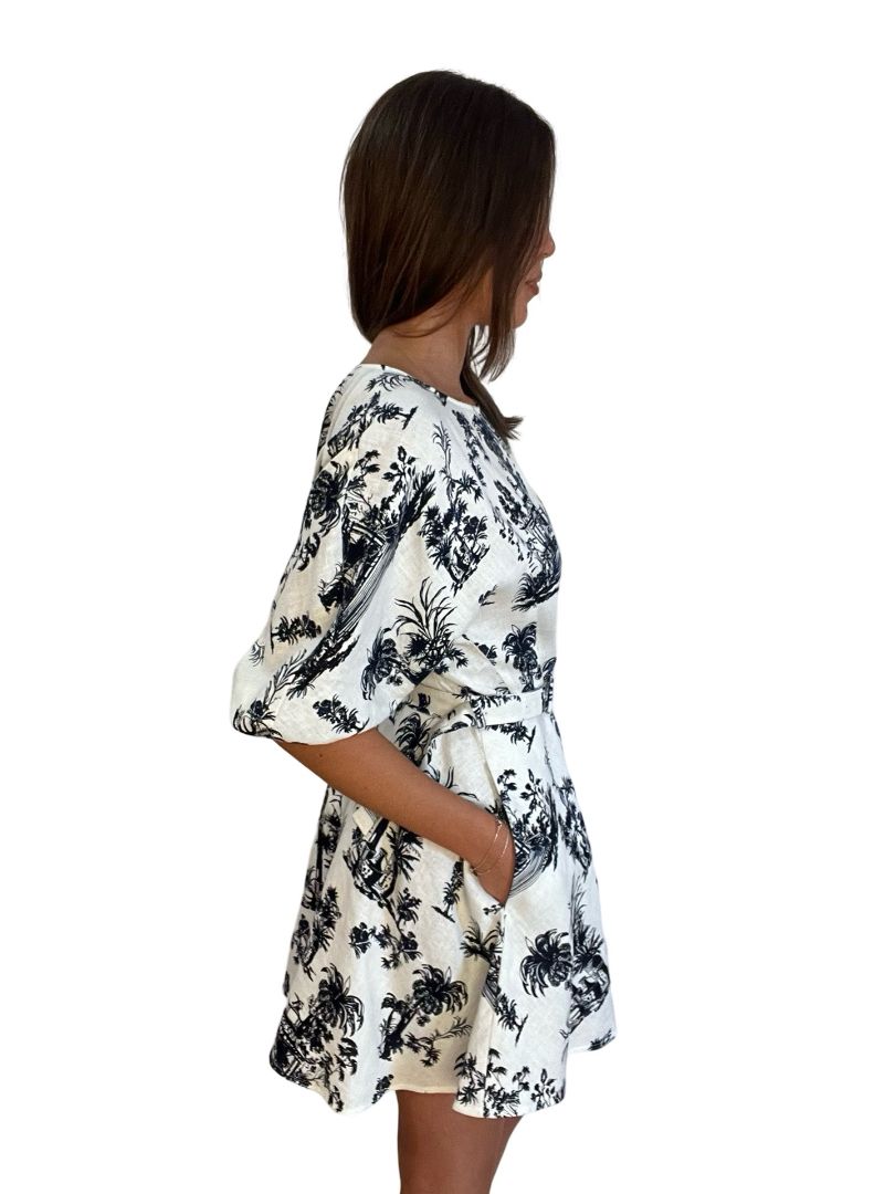 Scanlan Theodore White & Navy Linen Puff Sleeve Mini Dress w Palm Tree Print. Size: 8