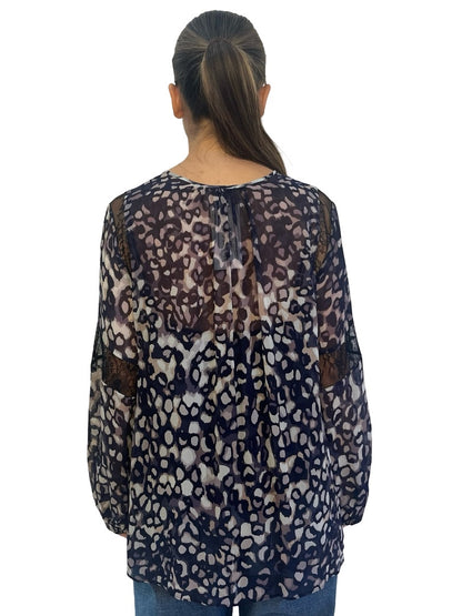 Husk Blue / Neutral Sheer Print Blouse w/ Lace. Size: 12
