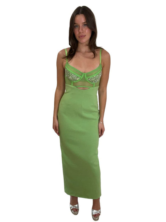 Rachel Gilbert Green Long Dress w Thin Straps & Rhinestones. Size: 10