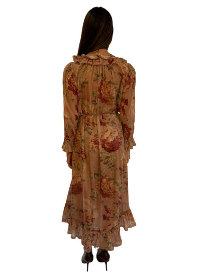 Zimmermann Brown Floral Corsair Ruffle Dress. Size: 0