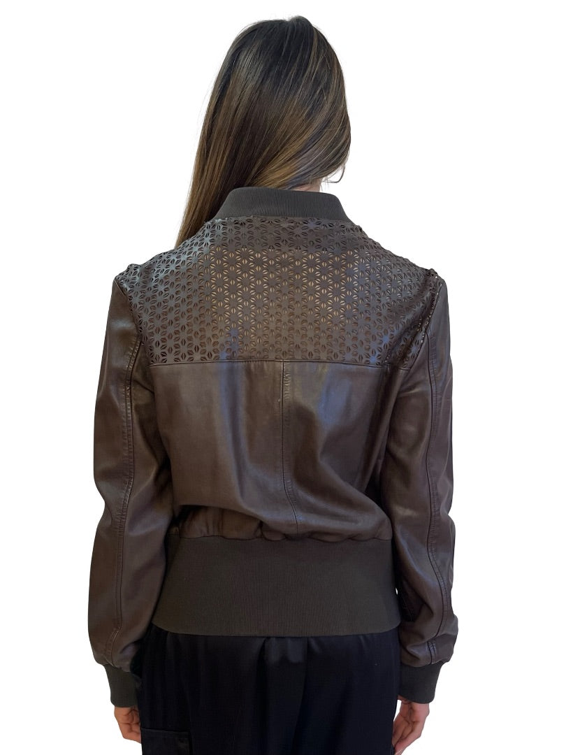 Flannel Brown Leather Cropped Bomber. Size: 2