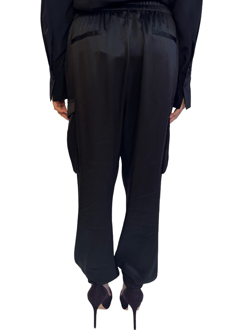 Husk Black Silk Satin Cargo Pants. Size: 10