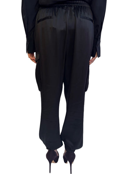 Husk Black Silk Satin Cargo Pants. Size: 10