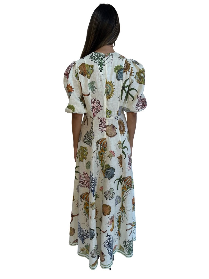 Alemais Cream Sea Print Midi Dress. Size: 10