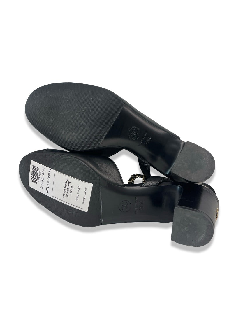 Chanel Black Slingback Heels W Chain. Size: 38.5 C