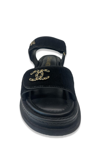 Chanel Black Pony Hair Leather Sandal. Size: 37.5