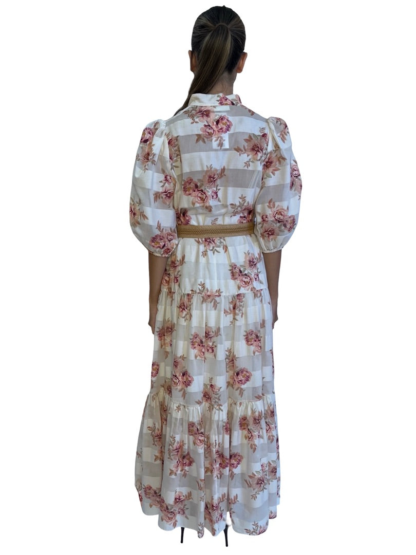 Zimmermann White / Pink Floral Print Dress w/ Sheer Stripe. Size: 1