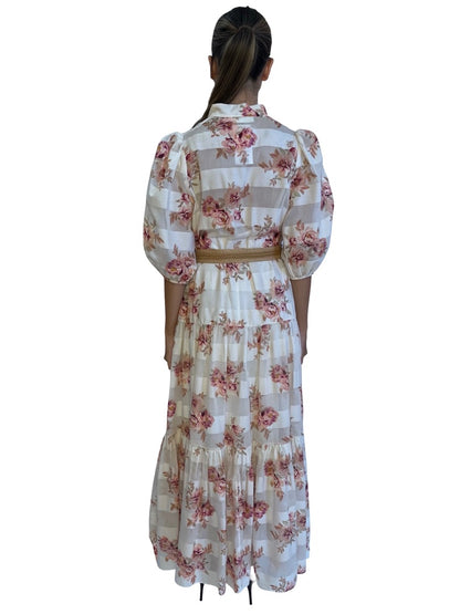 Zimmermann White / Pink Floral Print Dress w/ Sheer Stripe. Size: 1