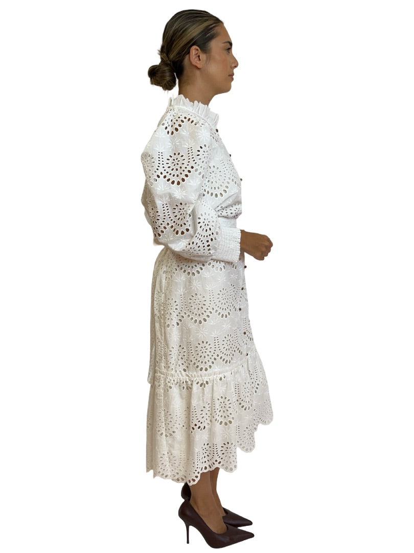 Husk White Cotton Embroidered Dress. Size: 16