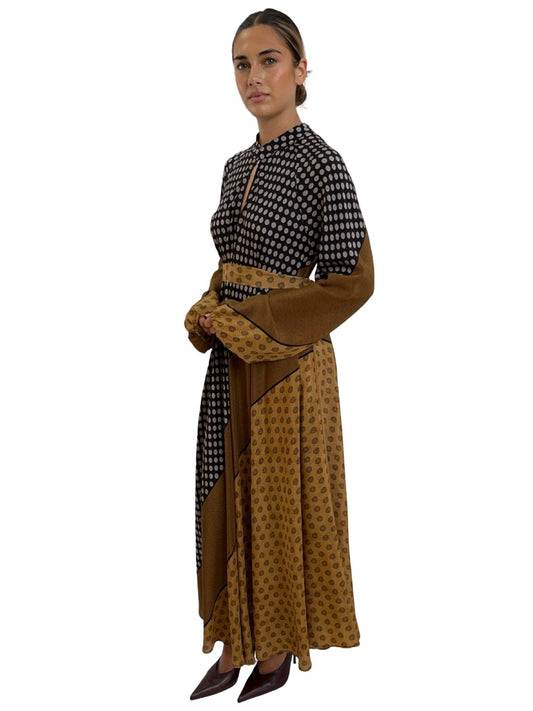 Mes Demoiselles Khaki / Black Diagonal Print Silk Dress. Size: 38