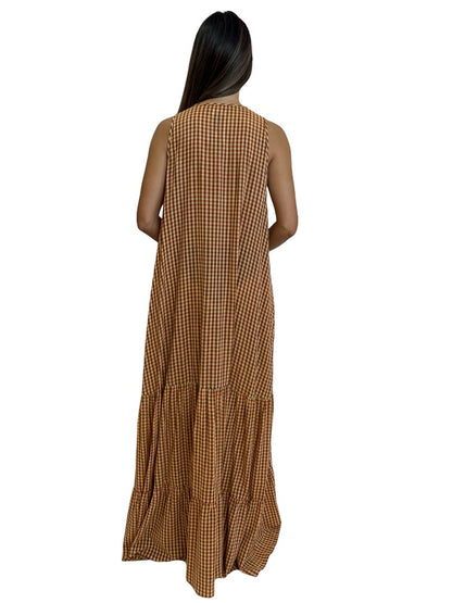 Beatrice Red / Yellow Gingham Sleeveless Tiered Dress. Size: L