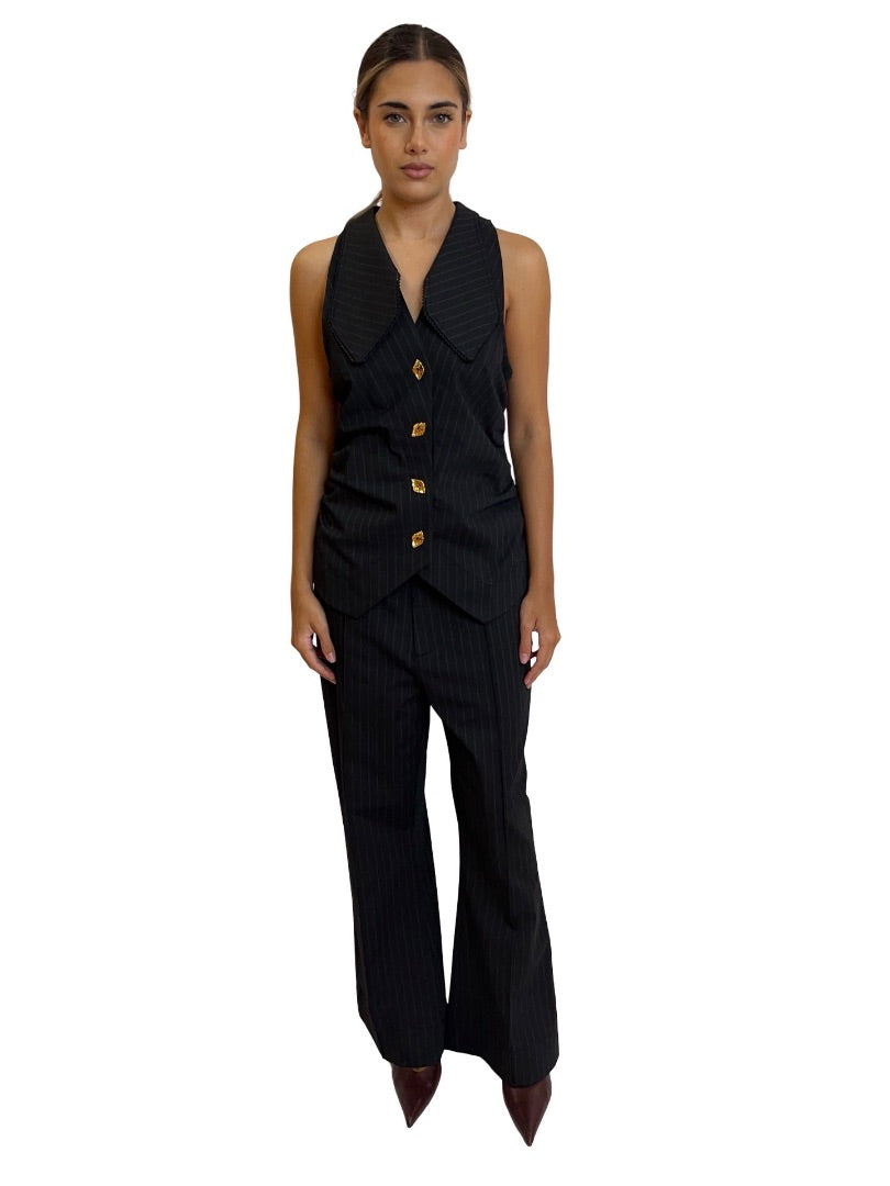 Ganni Black Gathered Vest/Bootcut Pant Pinstripe Set. Size: 38-40