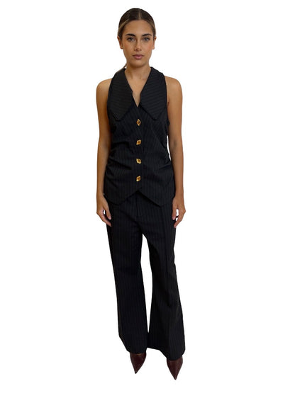 Ganni Black Gathered Vest/Bootcut Pant Pinstripe Set. Size: 38-40