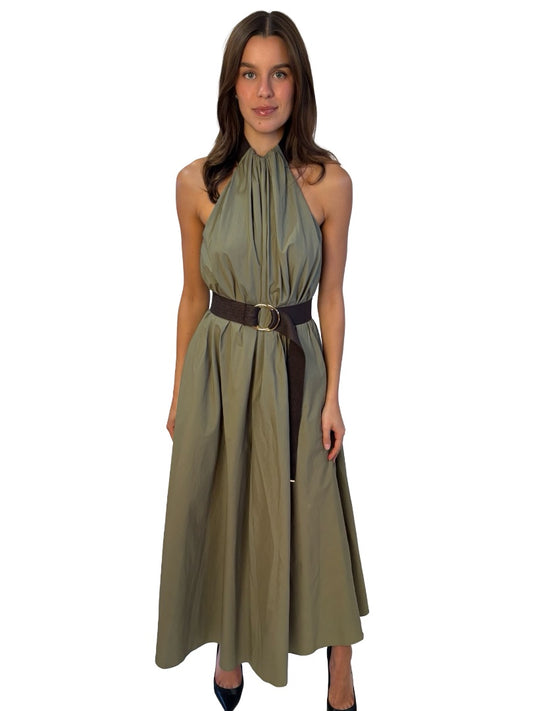 Scanlan Theodore Khaki Belted Halter Neck Maxi Dress. Size: 8