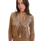 Flannel Oyster/Champagne Sequinned Button Up Pleated Long Sleeve Blouse. Size: 0
