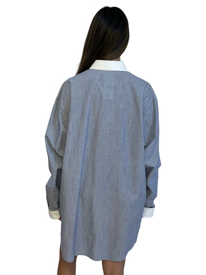 Celine Blue / White Pinstripe Shirt w/ Logo Embroidered Pocket. Size: 44