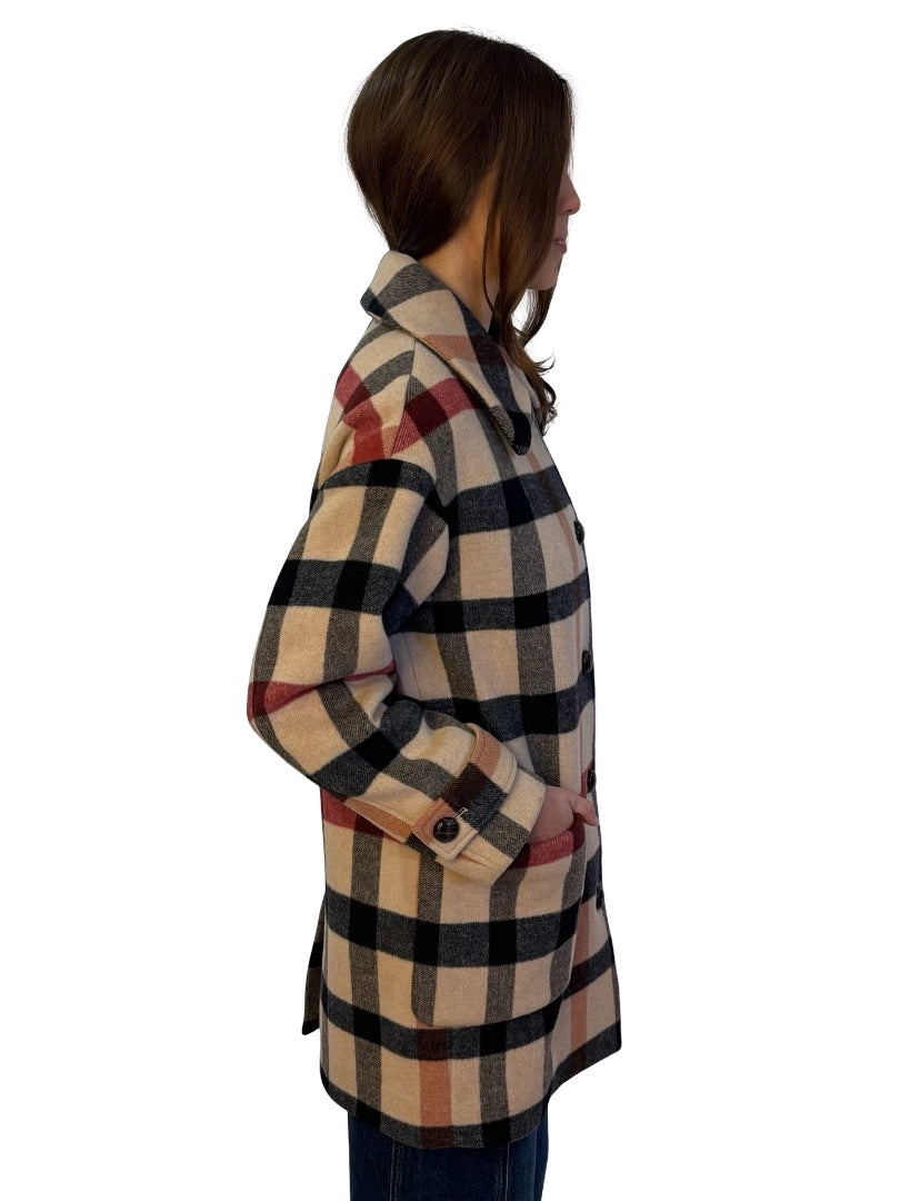 Husk Beige/Red Checkered Wool/Cashmere Coat. Size: XS