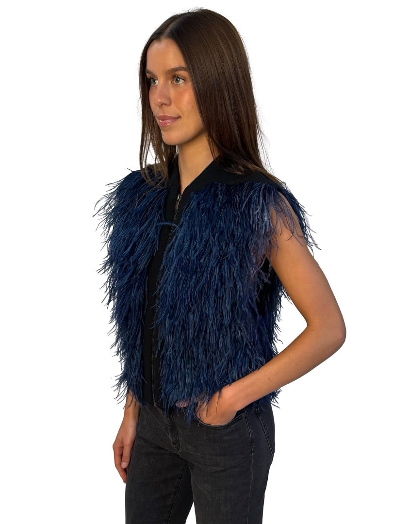 Ginger & Smart Blue Ostrich Feather Code Vest. Size: M