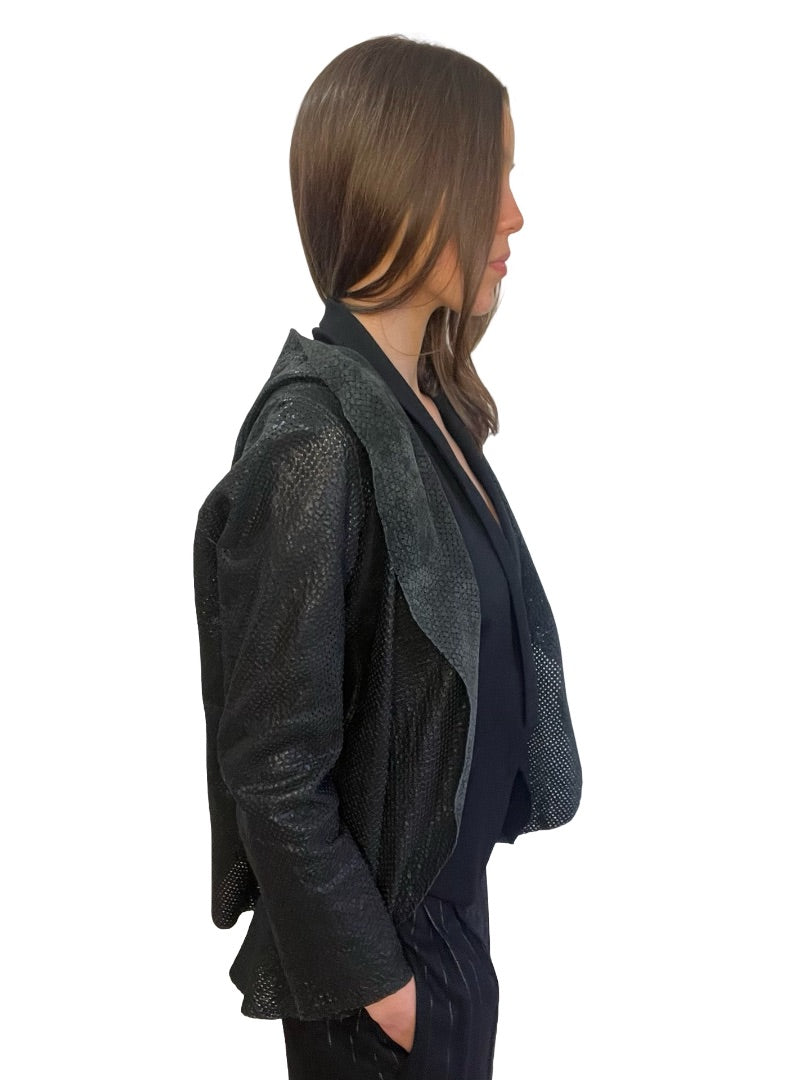 Salvatore Santoro Black Perforated Leather Hoodie. Size: L