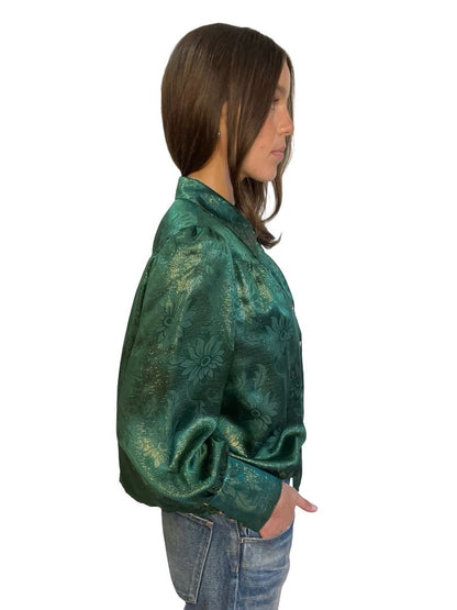 O.P On Parks Green / Gold Metallic Thread Shirt w/ Floral Print. Size: 12