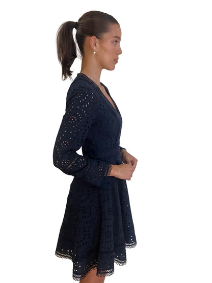 Reiss Navy Long Sleeve Eyelet Dress. Size: 10