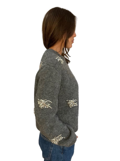 Burberry Grey Embellished Embroided  Horse Logo Knit Jumper. Size: M