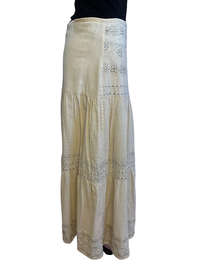 Flannel Neutral Embroidered Flower Maxi Skirt w/ Silver Thread. Size: 1
